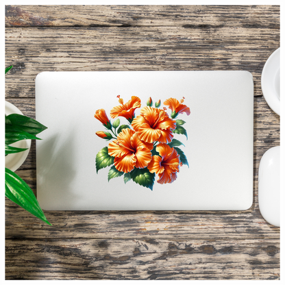Orange Hibiscus Flowers Green Leaves Vinyl Sticker Decal