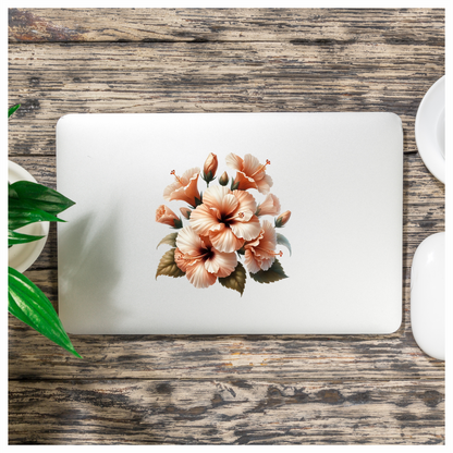 Peach Hibiscus Flowers Green Leaves Vinyl Sticker Decal