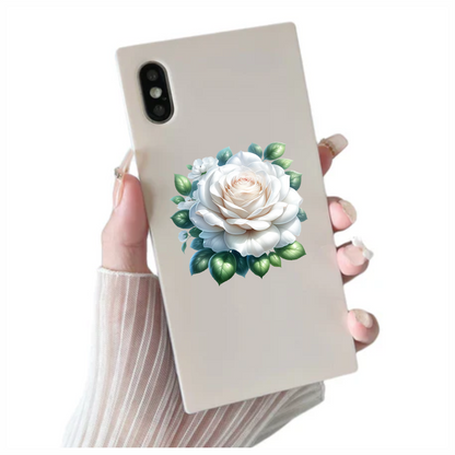 White Rose Green Leaves Floral Vinyl Sticker Decal