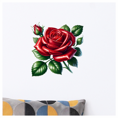 Red Rose Bloom Green Leaves Vinyl Sticker Decal