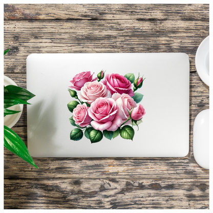 Pink Roses Green Leaves Garden Flowers Vinyl Sticker Decal