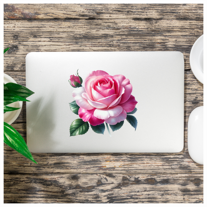 Pink White Rose Green Leaves Vinyl Sticker Decal