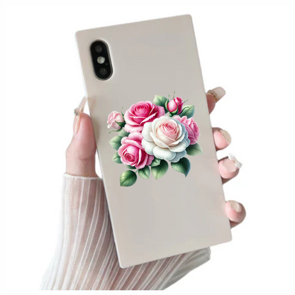 Pink White Roses Green Leaves Vinyl Sticker Decal
