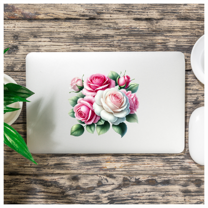 Pink White Roses Green Leaves Vinyl Sticker Decal