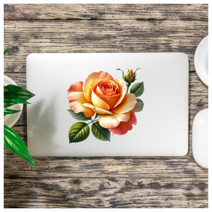 Orange Rose Flower Green Leaves Vinyl Sticker Decal