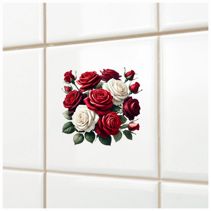 Red White Roses Green Leaves Bouquet Vinyl Sticker Decal