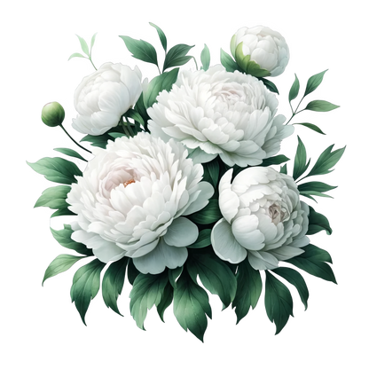 White Peony Flowers Green Leaves Vinyl Sticker Decal