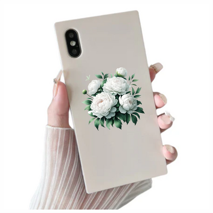 White Peony Flowers Green Leaves Vinyl Sticker Decal