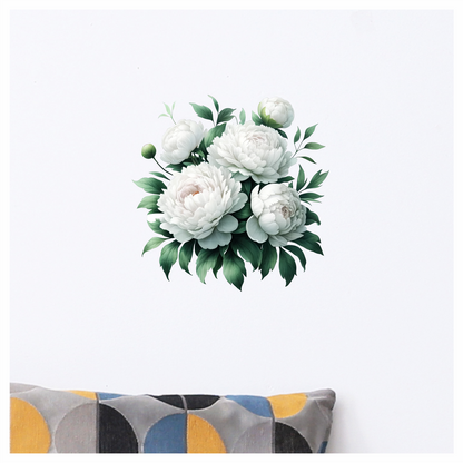 White Peony Flowers Green Leaves Vinyl Sticker Decal