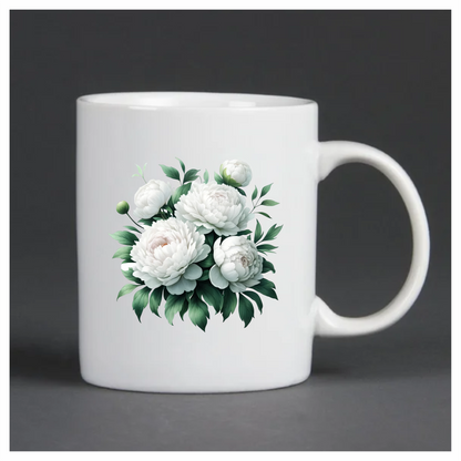 White Peony Flowers Green Leaves Vinyl Sticker Decal