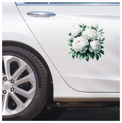 White Peony Flowers Green Leaves Vinyl Sticker Decal