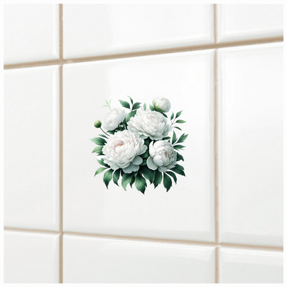 White Peony Flowers Green Leaves Vinyl Sticker Decal