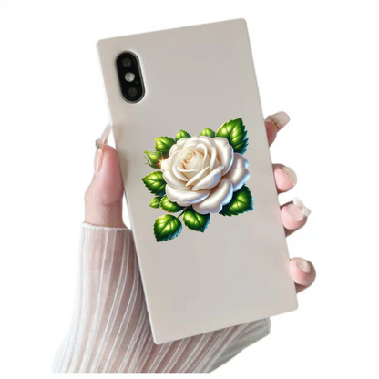White Rose Green Leaves Floral Vinyl Sticker Decal