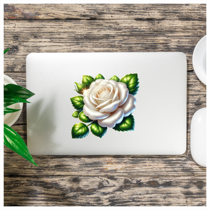 White Rose Green Leaves Floral Vinyl Sticker Decal