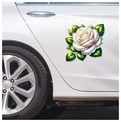 White Rose Green Leaves Floral Vinyl Sticker Decal