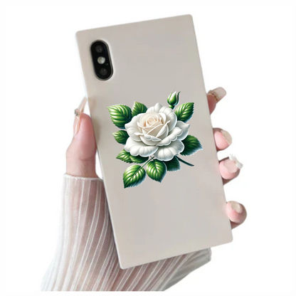 White Rose Green Leaves Blooming Vinyl Sticker Decal