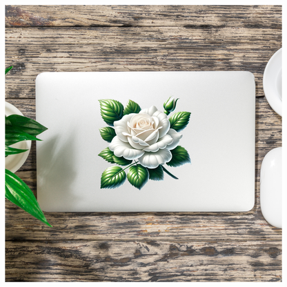 White Rose Green Leaves Blooming Vinyl Sticker Decal