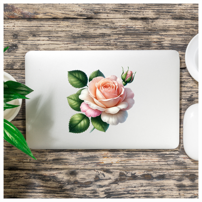 Peach Rose Green Leaves Floral Vinyl Sticker Decal