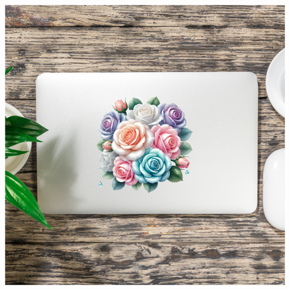 Pink Roses Green Leaves Floral Design Vinyl Sticker Decal