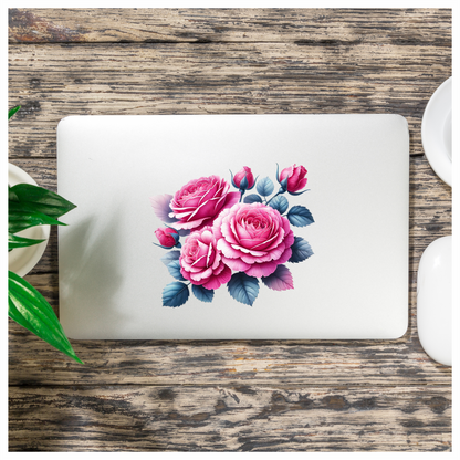 Pink Roses Blue Leaves Floral Vinyl Sticker Decal