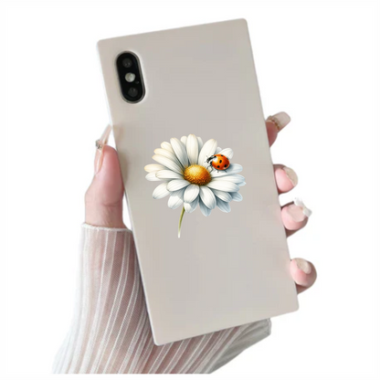 White Daisy Yellow Center Red Ladybug Vinyl Sticker Decal
