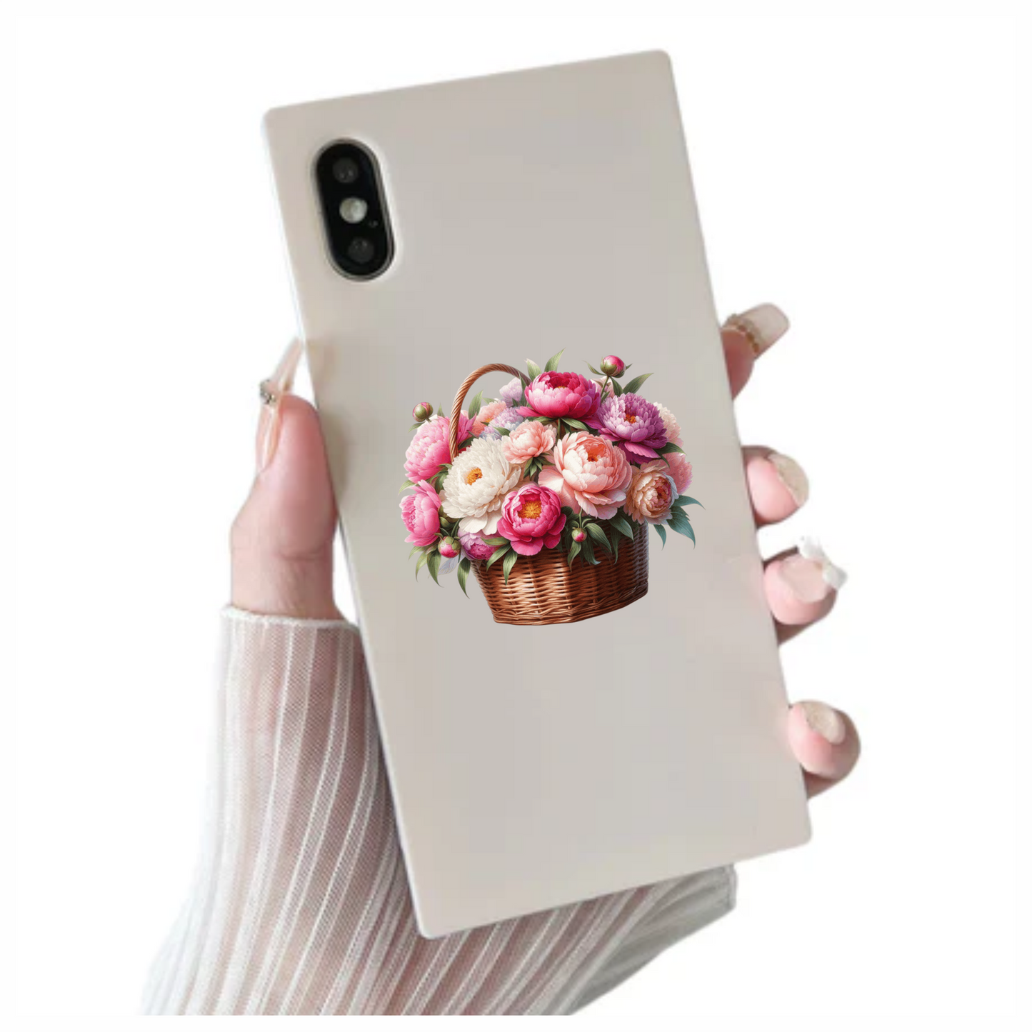 Pink White Basket Flowers Arrangement Vinyl Sticker Decal