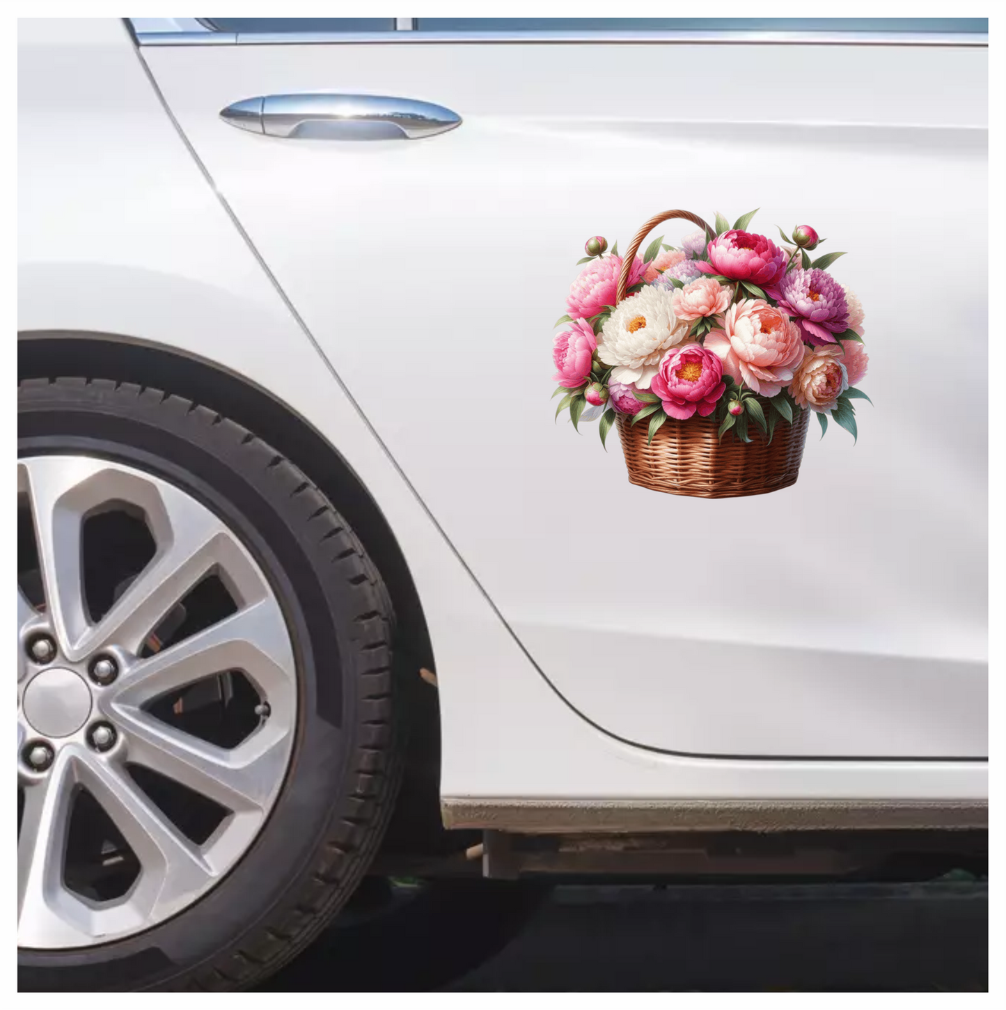 Pink White Basket Flowers Arrangement Vinyl Sticker Decal