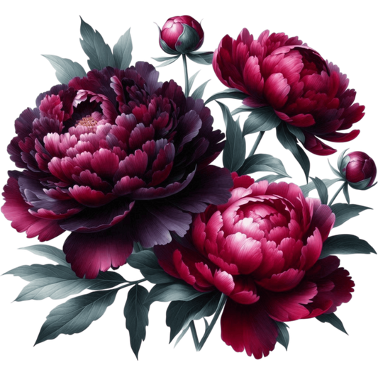 Dark Red Peony Flowers Green Leaves Vinyl Sticker Decal