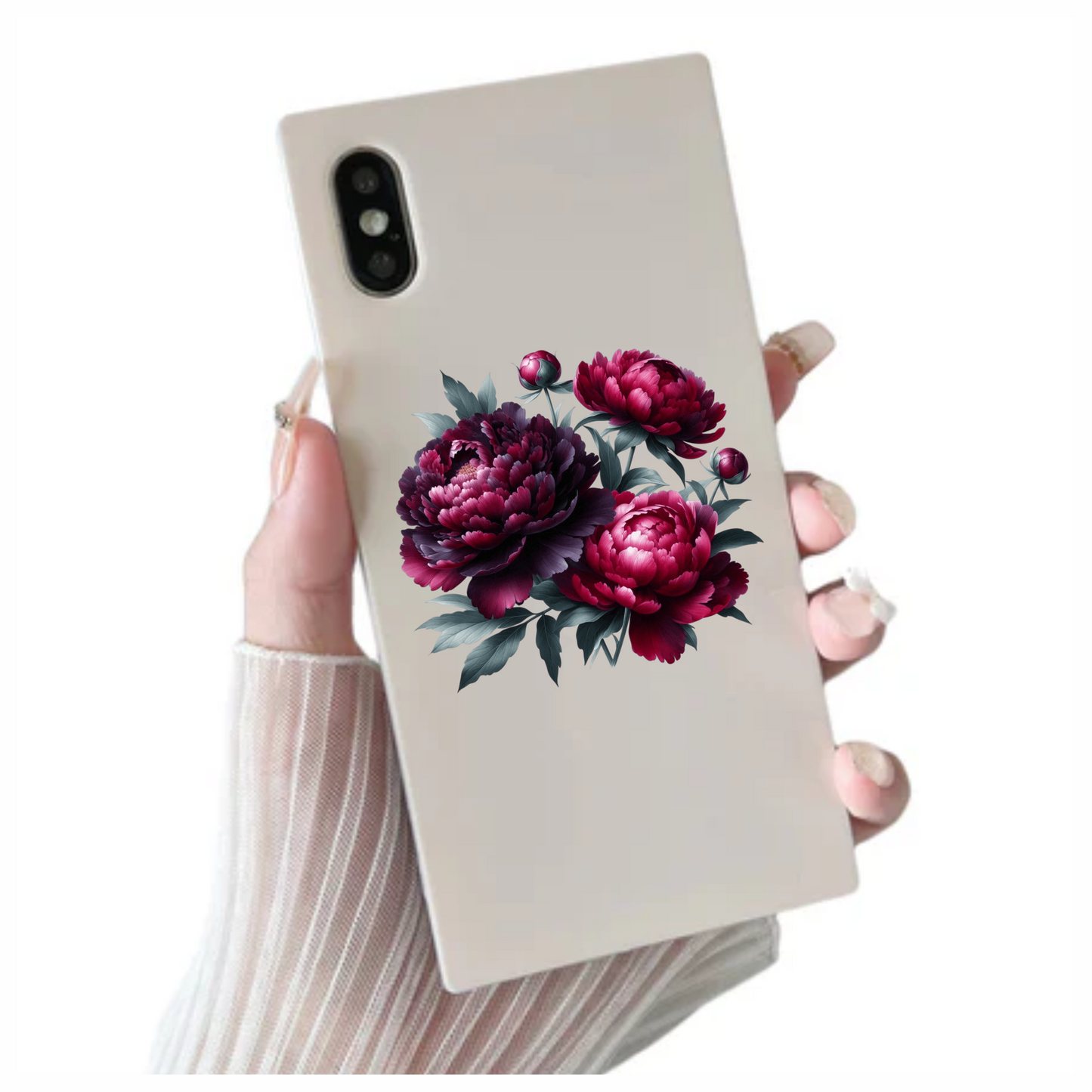 Dark Red Peony Flowers Green Leaves Vinyl Sticker Decal
