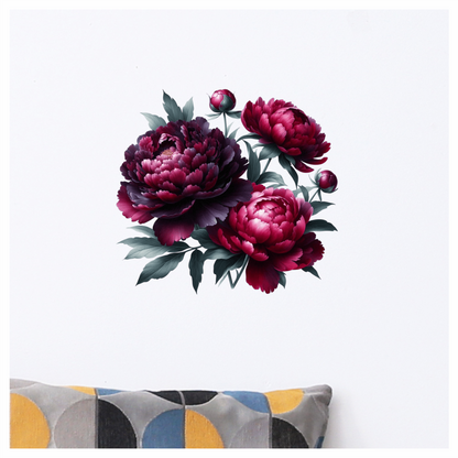 Dark Red Peony Flowers Green Leaves Vinyl Sticker Decal