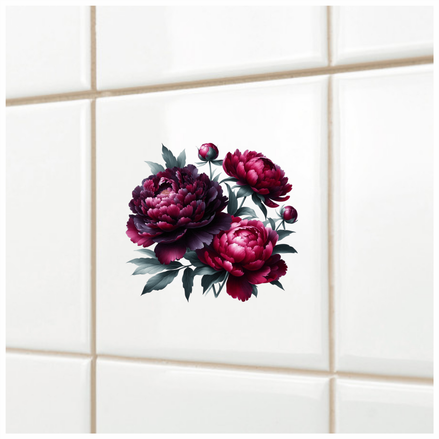 Dark Red Peony Flowers Green Leaves Vinyl Sticker Decal