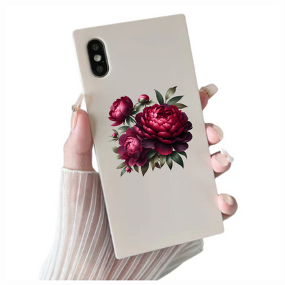 Dark Red Peony Flowers Green Leaves Vinyl Sticker Decal