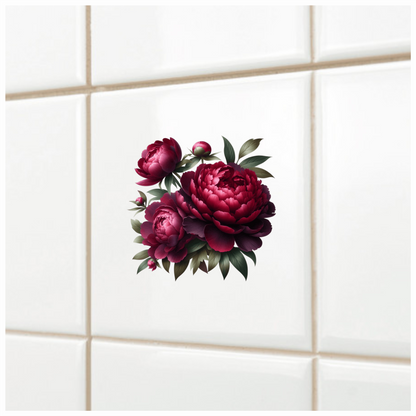 Dark Red Peony Flowers Green Leaves Vinyl Sticker Decal