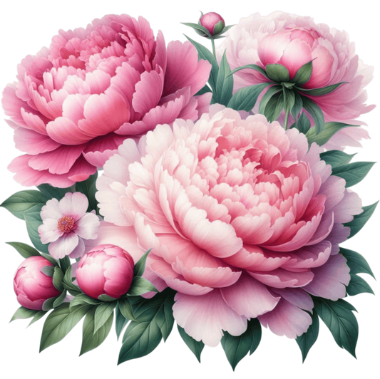 Pink Peony Flowers Green Leaves Vinyl Sticker Decal