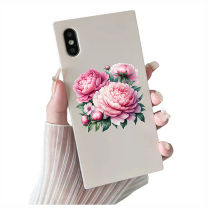 Pink Peony Flowers Green Leaves Vinyl Sticker Decal