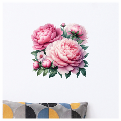 Pink Peony Flowers Green Leaves Vinyl Sticker Decal