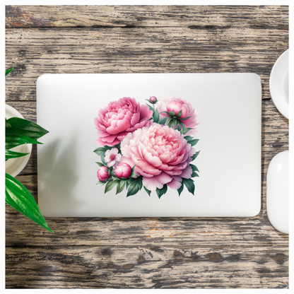 Pink Peony Flowers Green Leaves Vinyl Sticker Decal