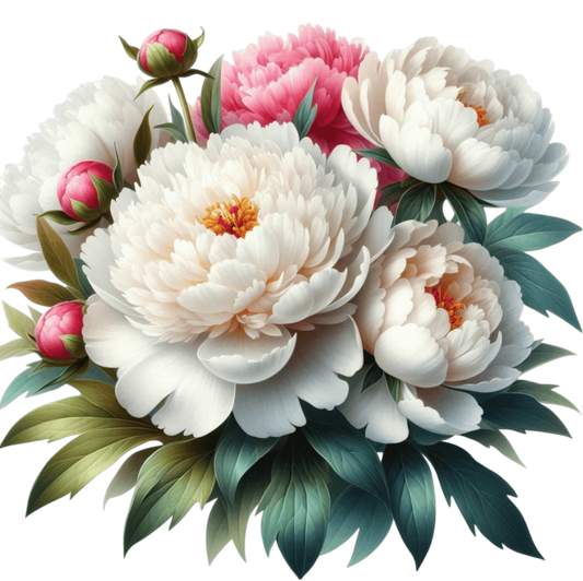 White Peony Pink Buds Green Leaves Vinyl Sticker Decal