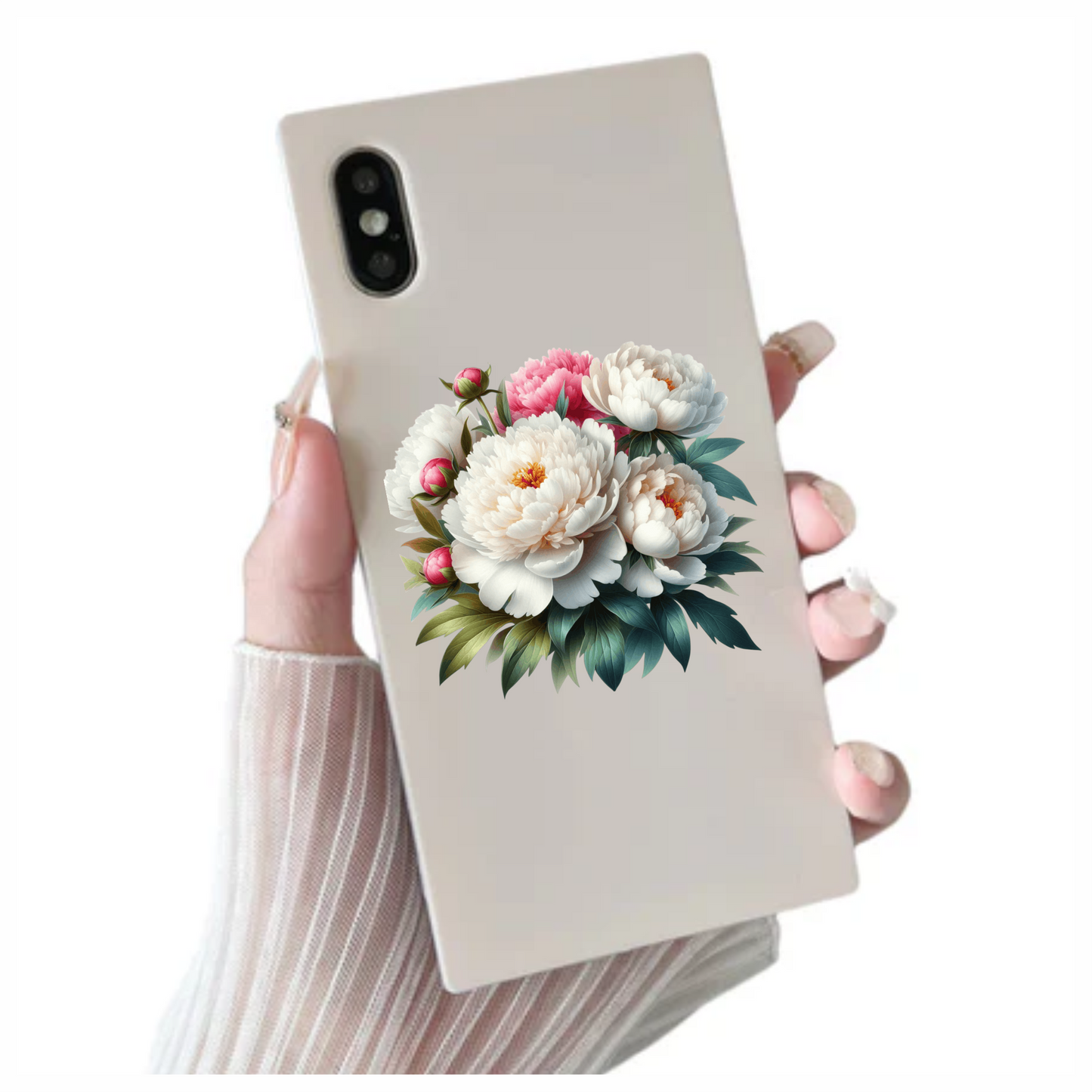 White Peony Pink Buds Green Leaves Vinyl Sticker Decal