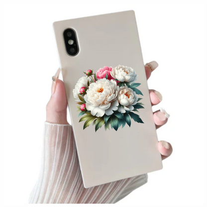 White Peony Pink Buds Green Leaves Vinyl Sticker Decal