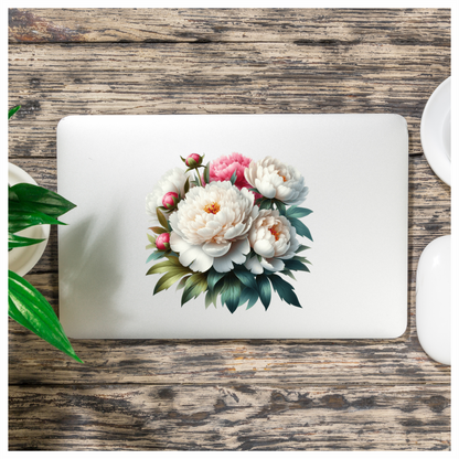 White Peony Pink Buds Green Leaves Vinyl Sticker Decal