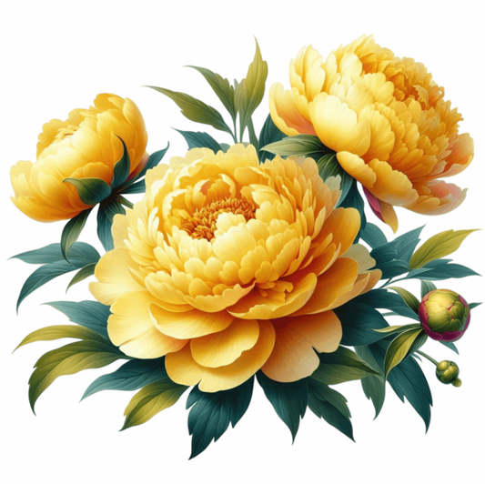 Yellow Peony Flowers Green Leaves Vinyl Sticker Decal