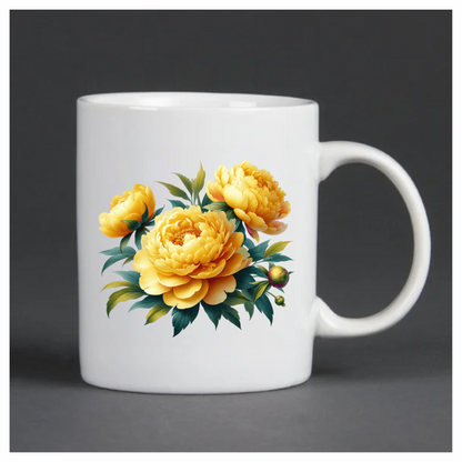 Yellow Peony Flowers Green Leaves Vinyl Sticker Decal