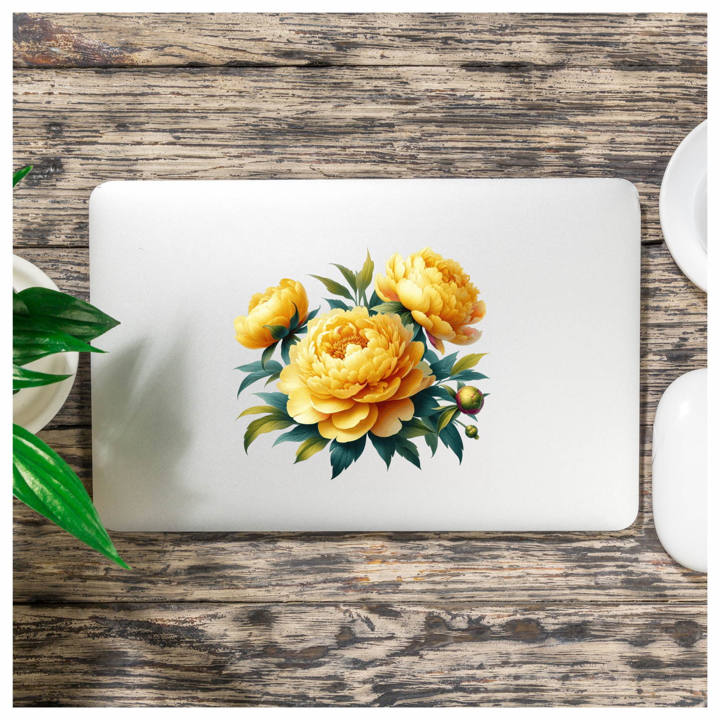 Yellow Peony Flowers Green Leaves Vinyl Sticker Decal