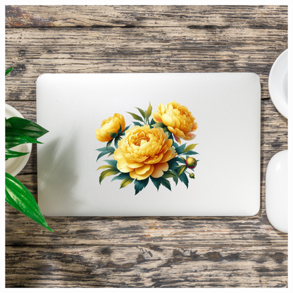 Yellow Peony Flowers Green Leaves Vinyl Sticker Decal