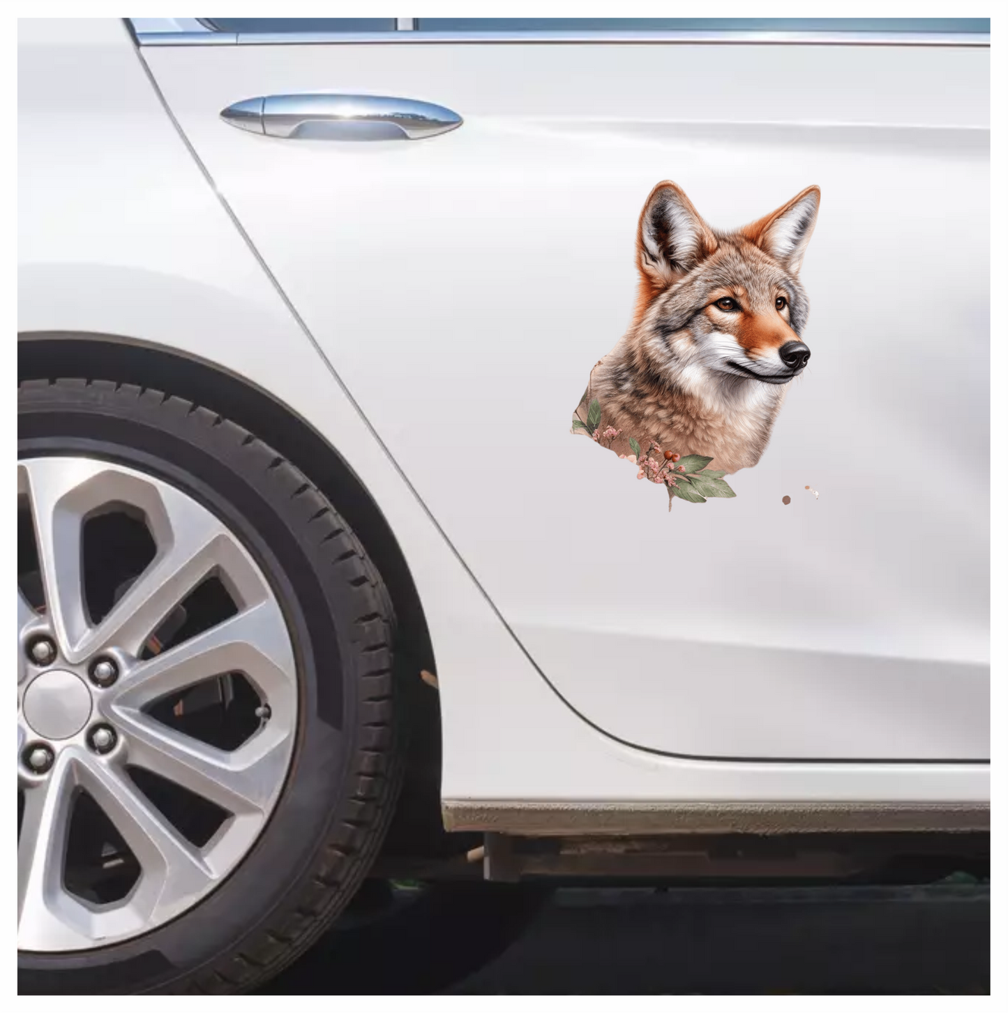 Brown Coyote Realistic Head Floral Vinyl Sticker Decal