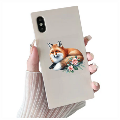 Orange Fox Lying Roses Flowers Vinyl Sticker Decal