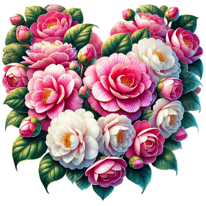 Pink Flowers Green Leaves Heart Shape Vinyl Sticker Decal