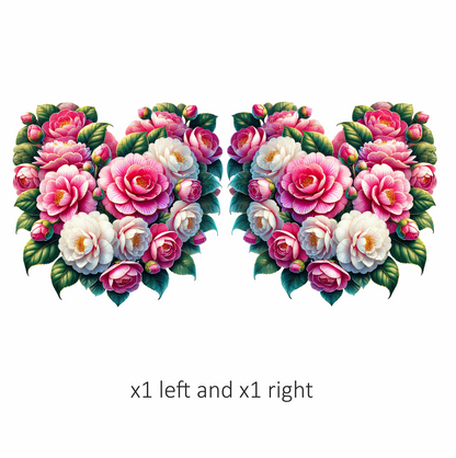 Pink Flowers Green Leaves Heart Shape Vinyl Sticker Decal