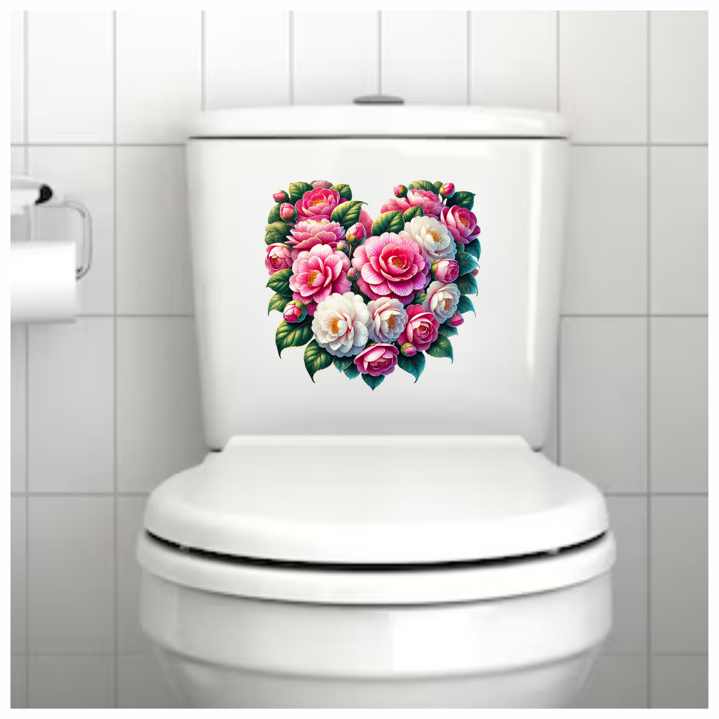 Pink Flowers Green Leaves Heart Shape Vinyl Sticker Decal